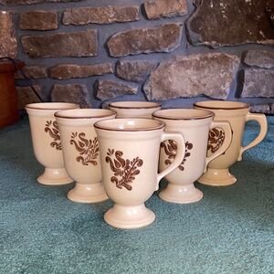 Cream Stoneware Pedestal Mugs with Brown Floral Motif - Set of 6